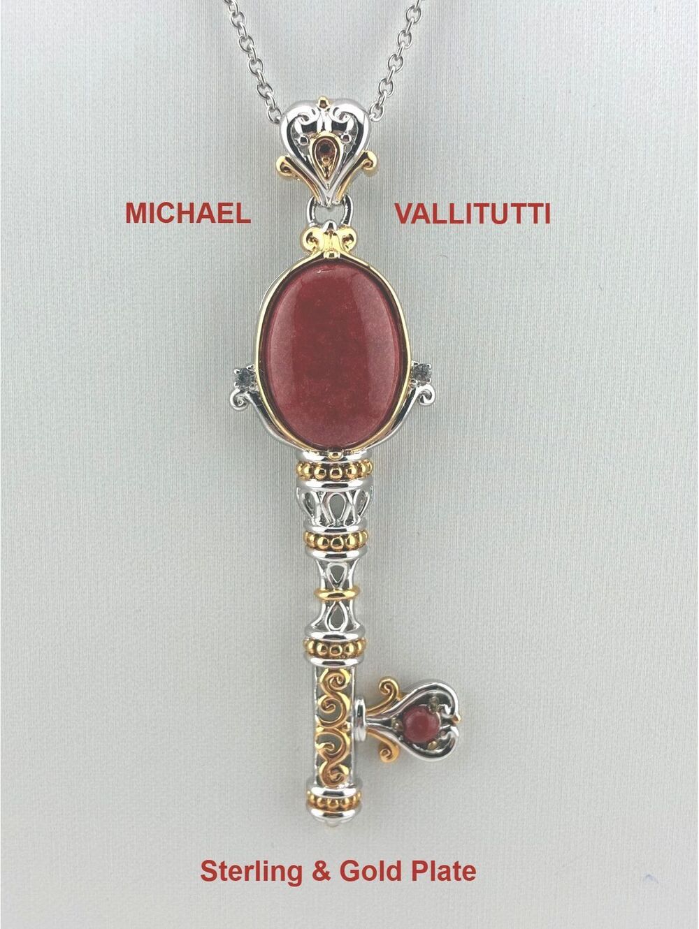 Michael Valitutti Sterling & Gold Plate Key Heart Pendant Necklace Red Stone 20"